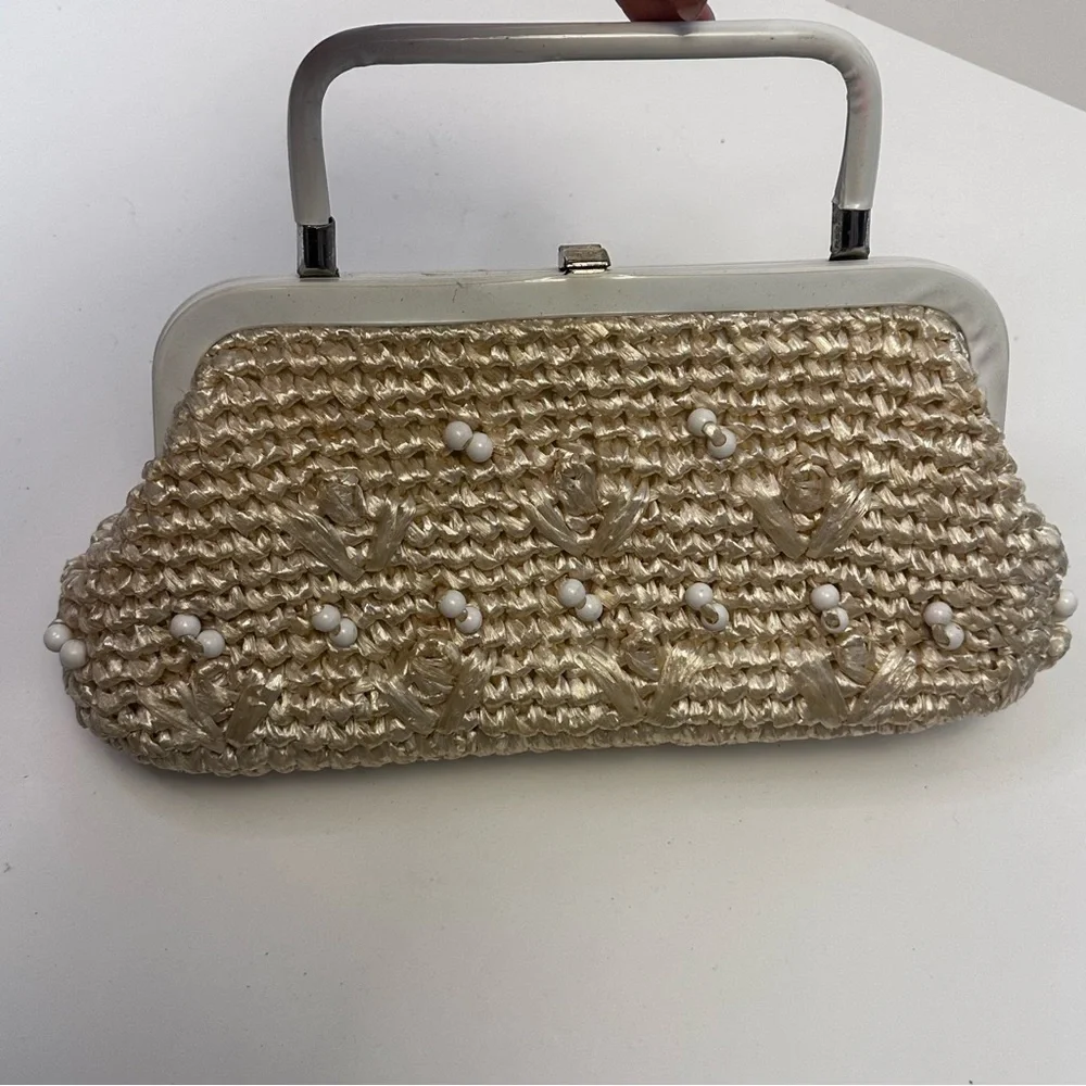Vintage Rattan Straw Woven Purse Tan White Beaded - Picture 5 of 10